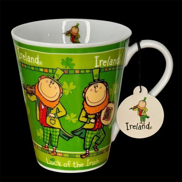 IRELAND "Luck of the Irish" Mug Fun Irish Musician Dancer & Clover Design Green - Picture 1 of 11